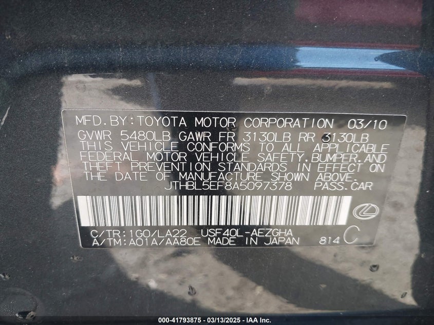 2010 LEXUS LS VIN: JTHBL5EF8A5097378