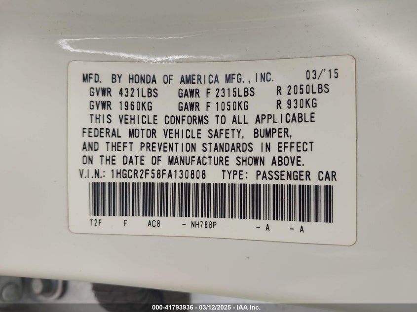 2015 HONDA ACCORD VIN: 1HGCR2F58FA130808