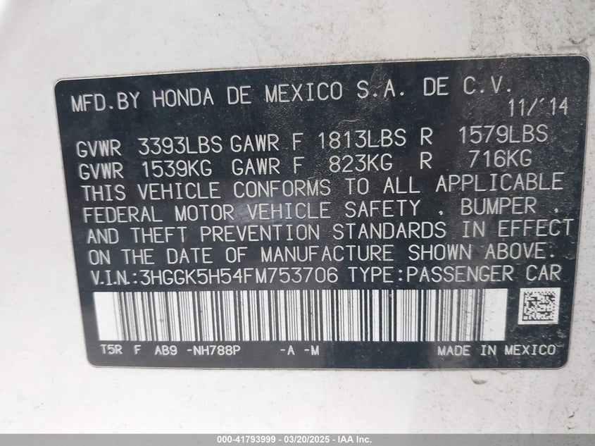 2015 HONDA FIT VIN: 3HGGK5H54FM753706