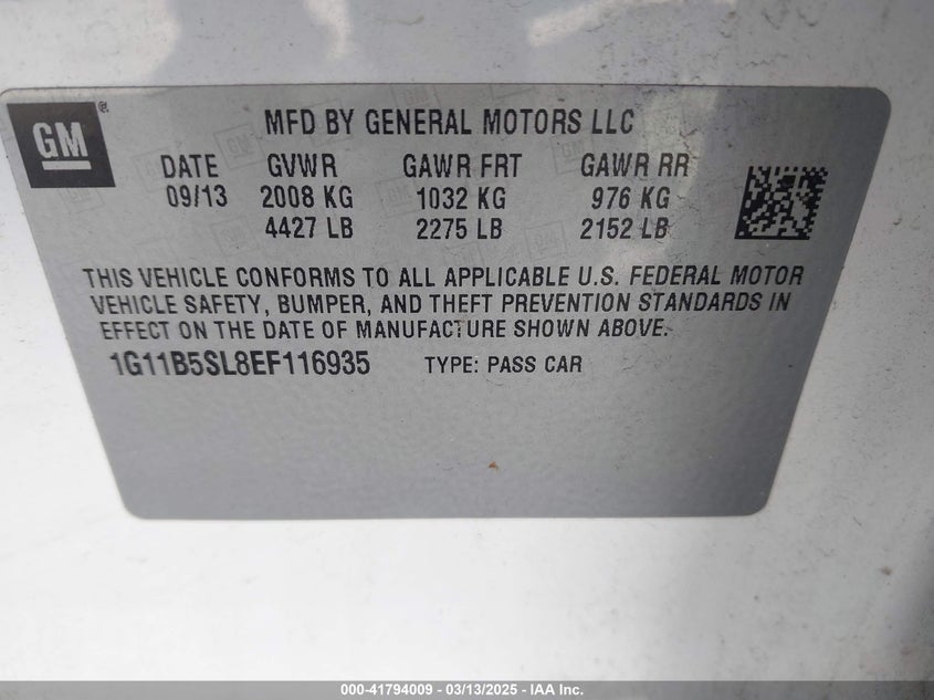 2014 CHEVROLET MALIBU VIN: 1G11B5SL8EF116935