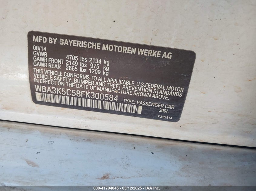 2015 BMW 328D VIN: WBA3K5C58FK300584