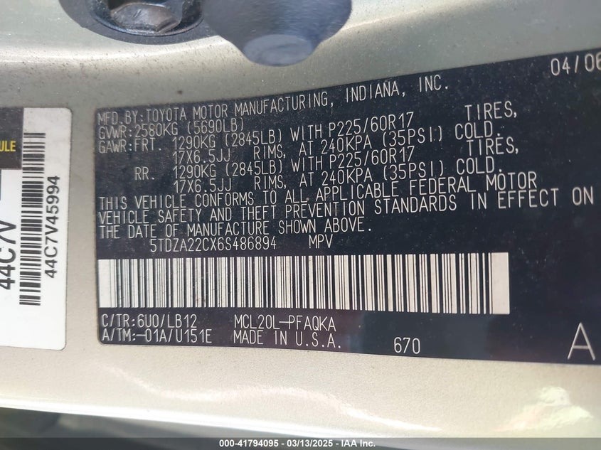 2006 TOYOTA SIENNA VIN: 5TDZA22CX6S486894