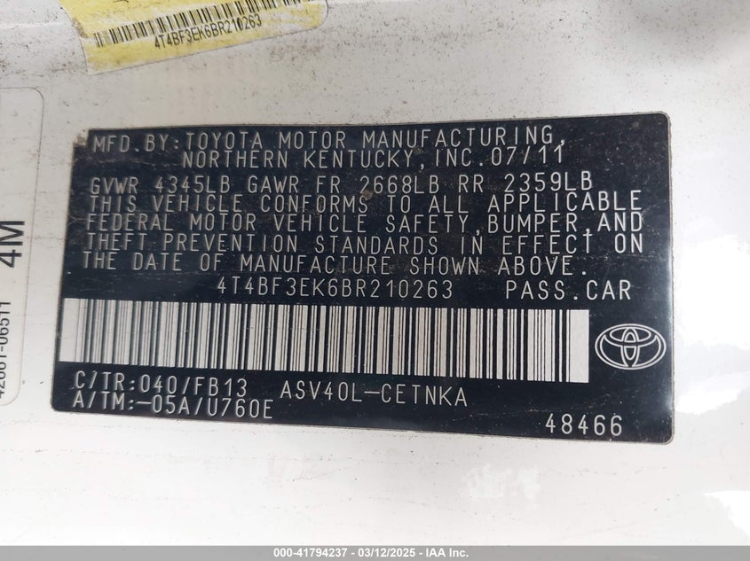 2011 TOYOTA CAMRY VIN: 4T4BF3EK6BR210263