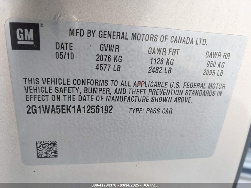 2010 CHEVROLET IMPALA VIN: 2G1WA5EK1A1256192
