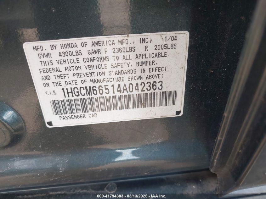 2004 Honda Accord 3.0 Ex VIN: 1HGCM66514A042363 Lot: 41794383