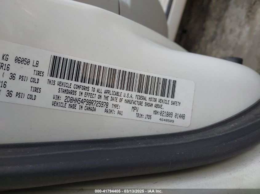 2008 Dodge Grand Caravan Sxt VIN: 2D8HN54P98R725978 Lot: 41794405