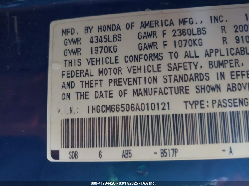 2006 HONDA ACCORD VIN: 1HGCM66506A010121