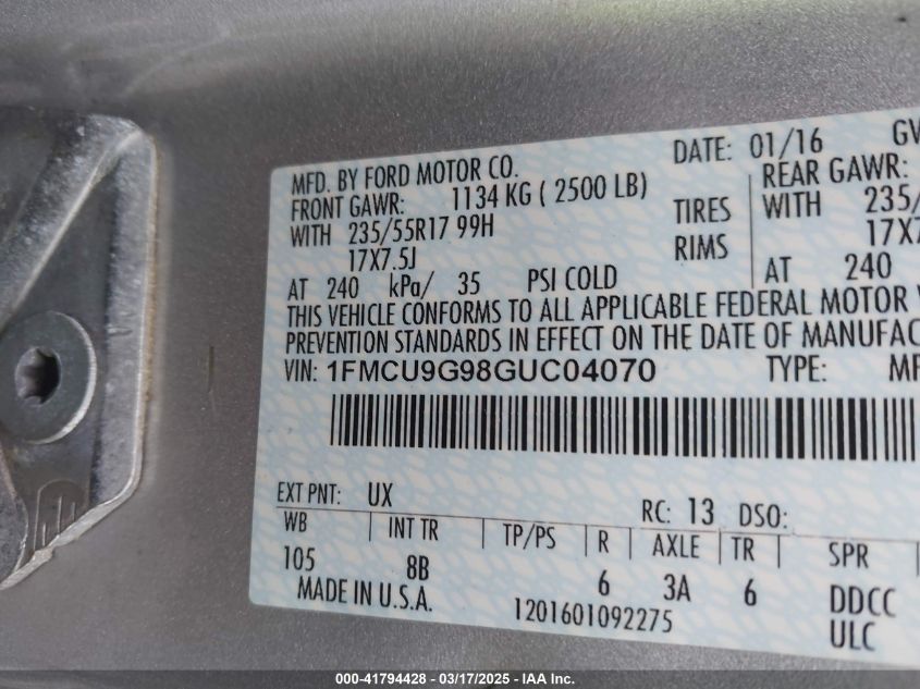 2016 Ford Escape Se VIN: 1FMCU9G98GUC04070 Lot: 41794428