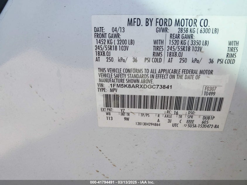 2013 Ford Police Interceptor VIN: 1FM5K8ARXDGC73841 Lot: 41794491