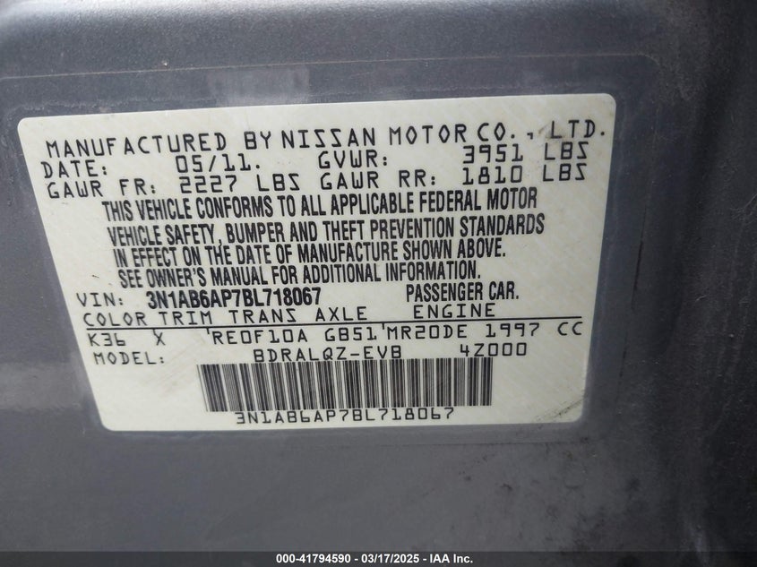 2011 NISSAN SENTRA VIN: 3N1AB6AP7BL718067