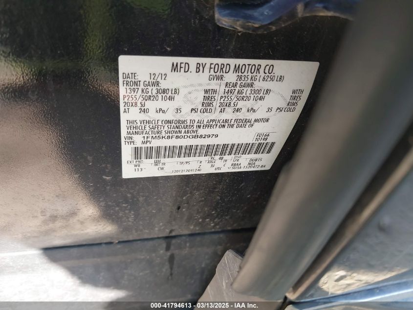 2013 Ford Explorer Limited VIN: 1FM5K8F80DGB82979 Lot: 41794613