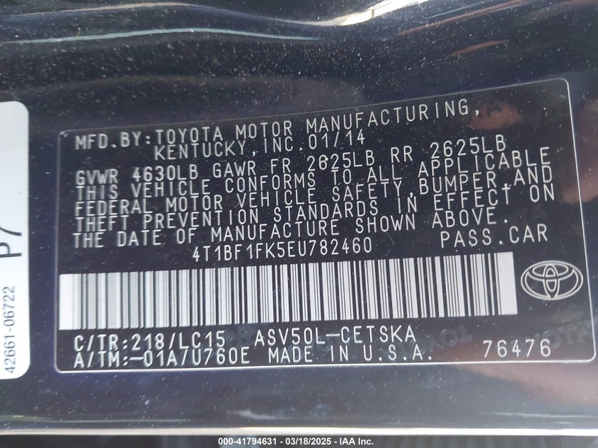 2014 TOYOTA CAMRY VIN: 4T1BF1FK5EU782460