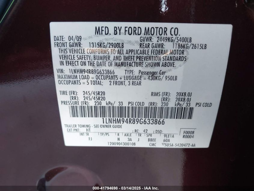 2009 Lincoln Mks VIN: 1LNHM94R89G633866 Lot: 41794698