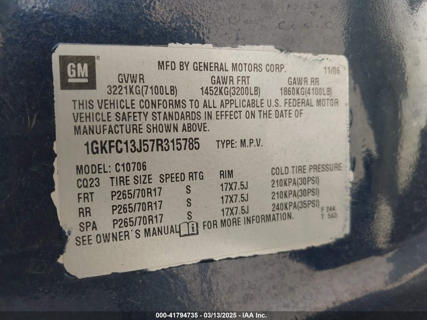 2007 GMC YUKON VIN: 1GKFC13J57R315785