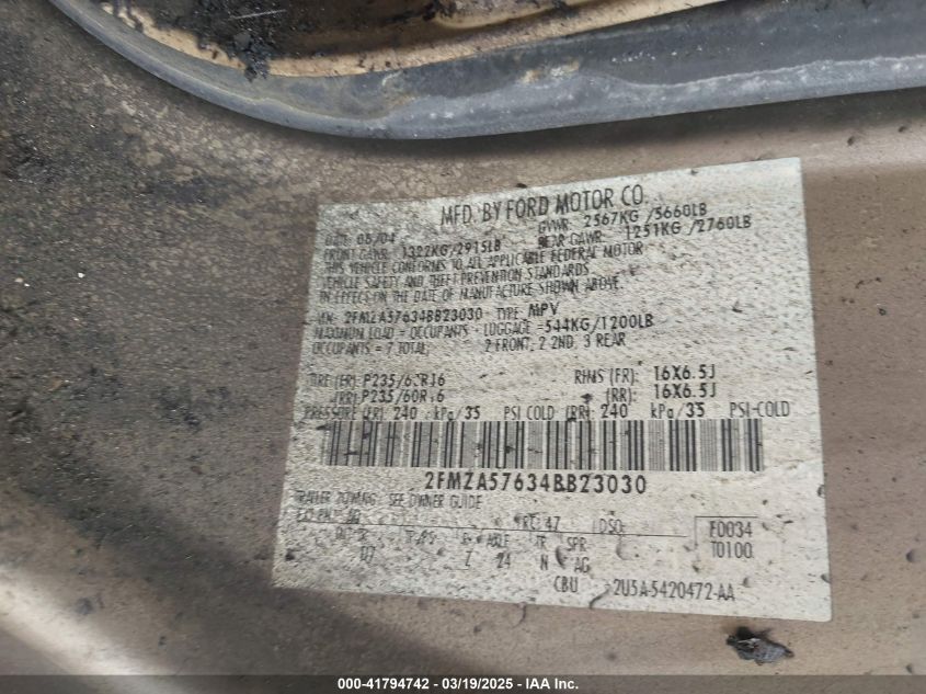 2004 Ford Freestar Ses VIN: 2FMZA57634BB23030 Lot: 41794742