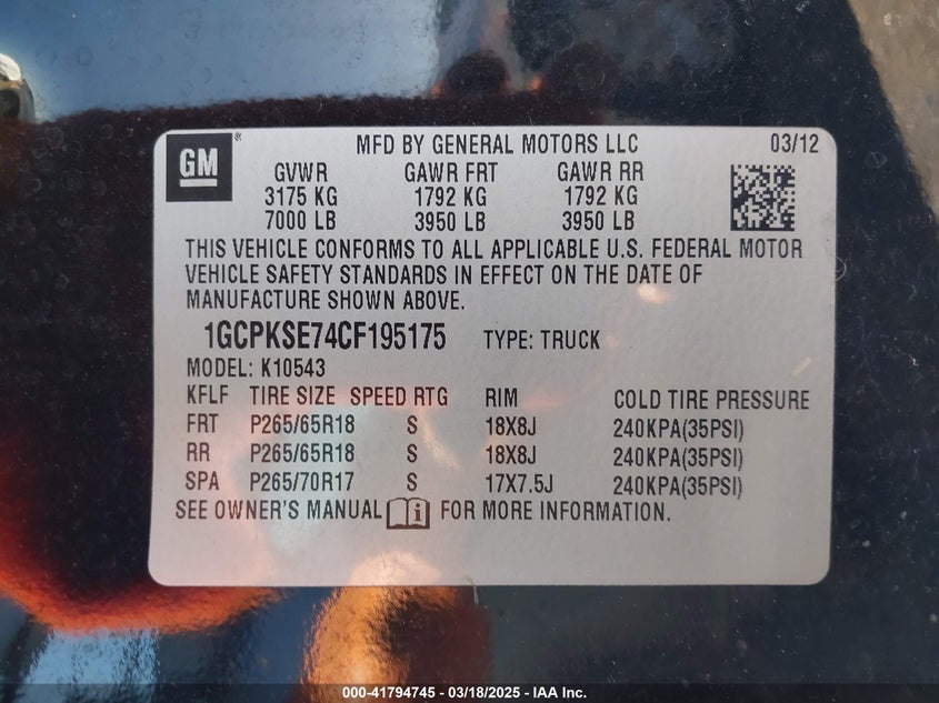 2012 CHEVROLET SILVERADO 1500 VIN: 1GCPKSE74CF195175