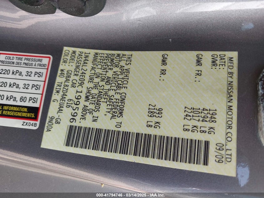 2009 NISSAN ALTIMA VIN: 1N4AL24E09C199596