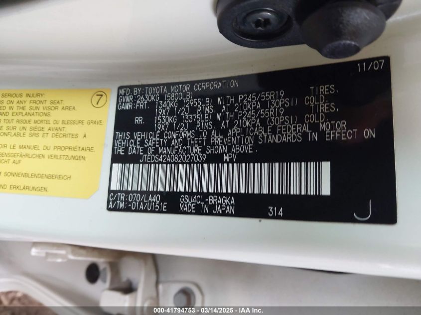 2008 Toyota Highlander Limited VIN: JTEDS42A082027039 Lot: 41794753