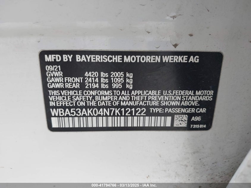 2022 BMW 228 GRAN COUPE VIN: WBA53AK04N7K12122