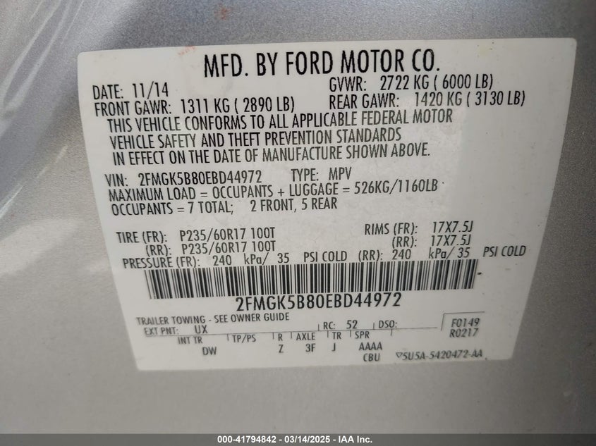 2014 Ford Flex Se VIN: 2FMGK5B80EBD44972 Lot: 41794842