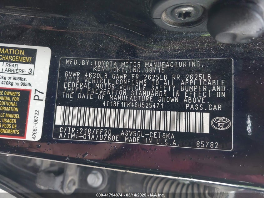 2016 TOYOTA CAMRY VIN: 4T1BF1FK4GU525471