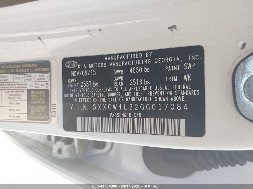 2016 Kia Optima Sx Turbo VIN: 5XXGW4L22GG017084 Lot: 41794900