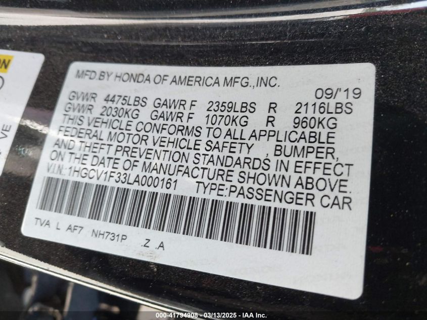 2020 Honda Accord Sport VIN: 1HGCV1F33LA000161 Lot: 41794908