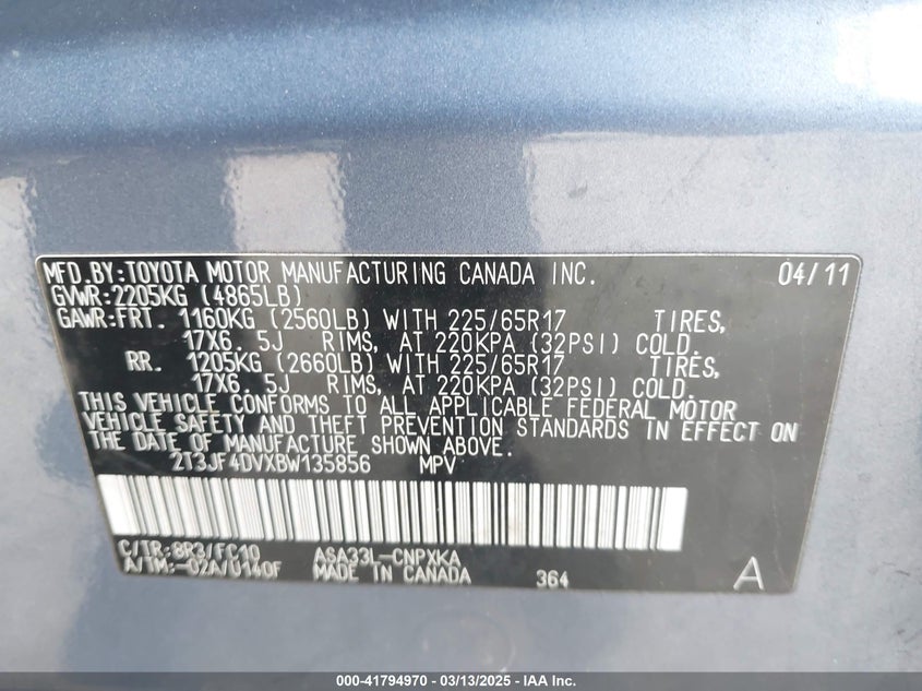 2011 TOYOTA RAV4 VIN: 2T3JF4DVXBW135856
