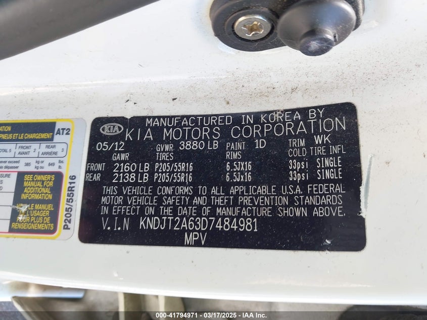 2013 Kia Soul + VIN: KNDJT2A63D7484981 Lot: 41794971