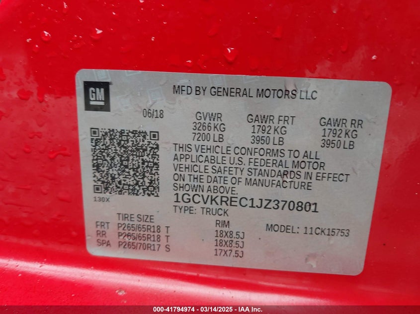 2018 CHEVROLET SILVERADO 1500 VIN: 1GCVKREC1JZ370801
