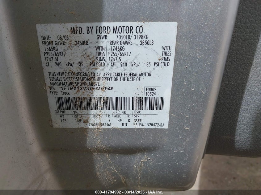 2007 FORD F-150 VIN: 1FTPX12V37FA01949