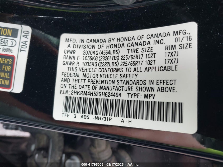 2016 HONDA CR-V EX - 2HKRM4H52GH624494