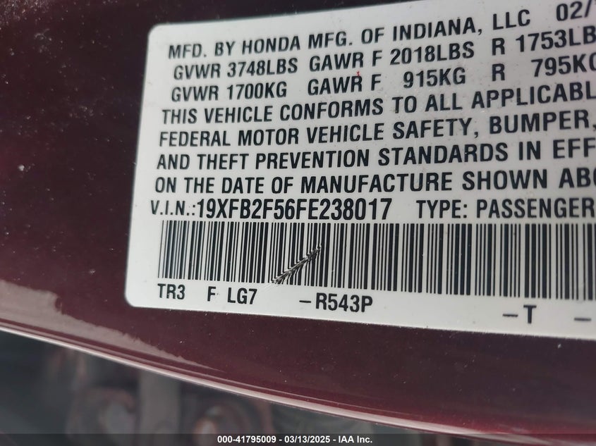 2015 HONDA CIVIC LX - 19XFB2F56FE238017