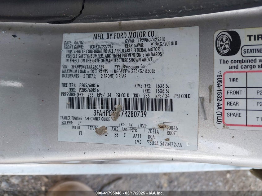 2007 FORD FUSION VIN: 3FAHP07Z17R280739