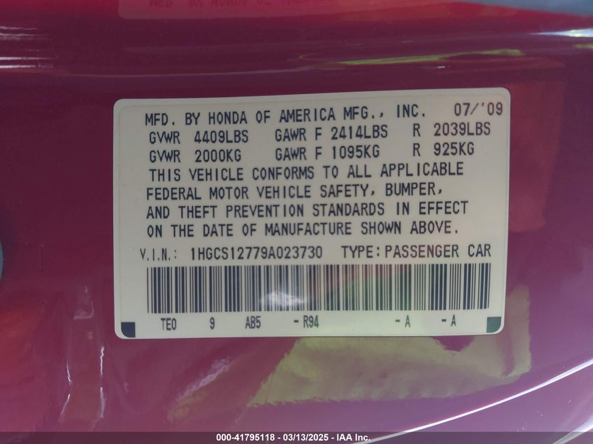 2009 Honda Accord 2.4 Ex VIN: 1HGCS12779A023730 Lot: 41795118