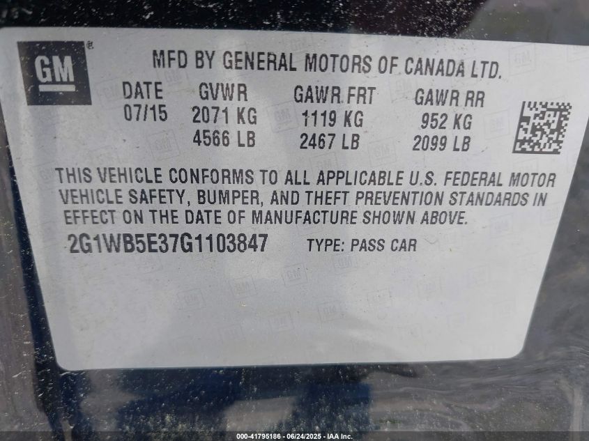 2016 Chevrolet Impala Limited Lt VIN: 2G1WB5E37G1103847 Lot: 41795186