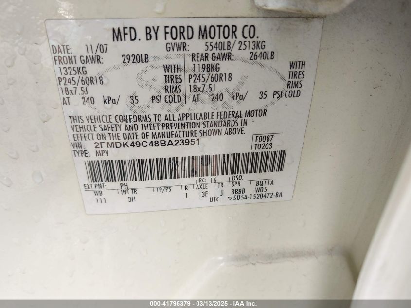 2008 Ford Edge Limited VIN: 2FMDK49C48BA23951 Lot: 41795379