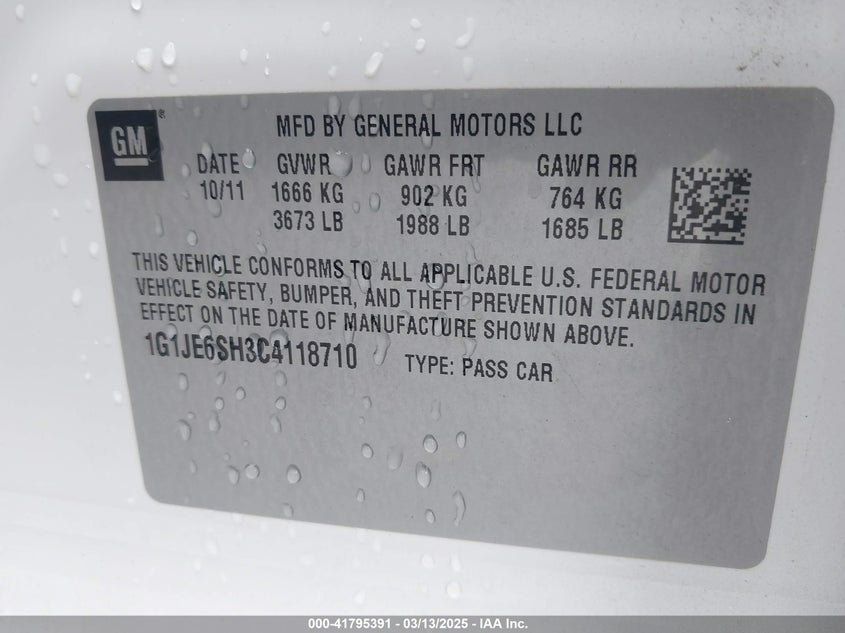 2012 CHEVROLET SONIC VIN: 1G1JE6SH3C4118710
