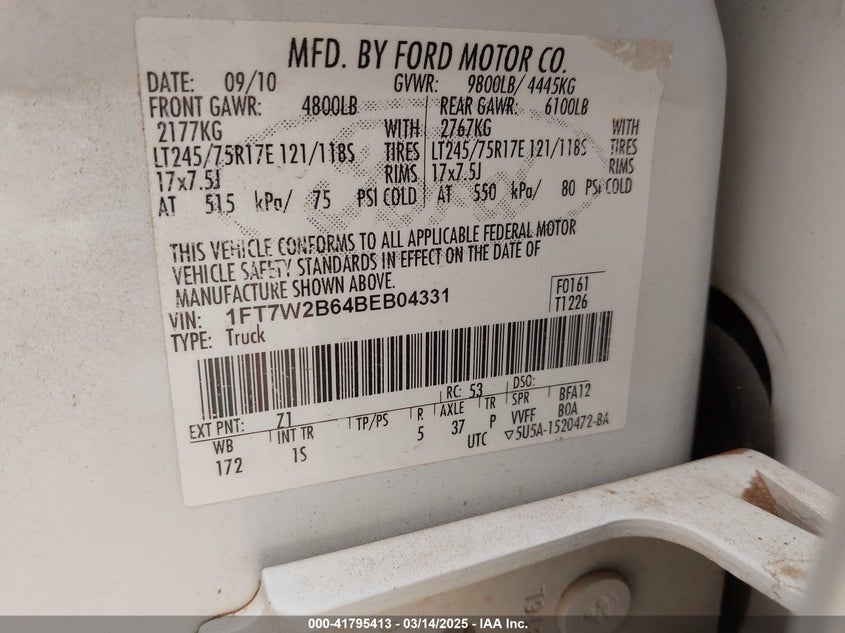 2011 FORD F-250 VIN: 1FT7W2B64BEB04331