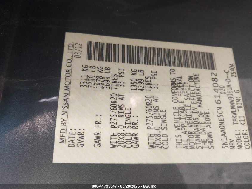 2012 Nissan Armada Platinum VIN: 5N1AA0NE5CN614082 Lot: 41795547