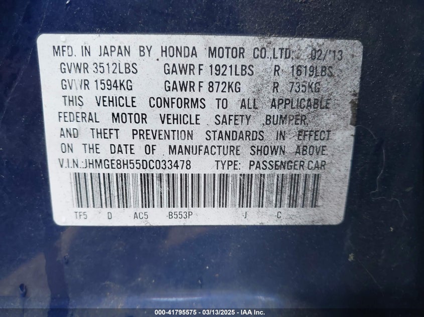 2013 HONDA FIT SPORT - JHMGE8H55DC033478