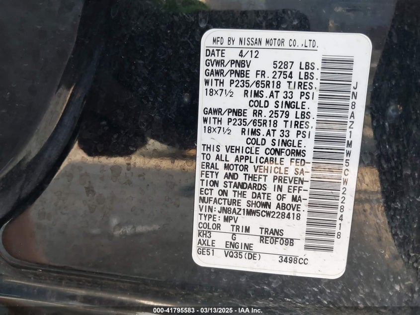 2012 NISSAN MURANO VIN: JN8AZ1MW5CW228418