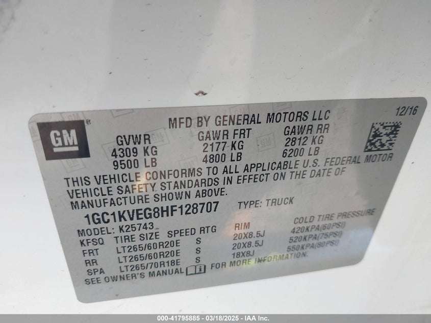 2017 CHEVROLET SILVERADO 2500HD VIN: 1GC1KVEG8HF128707