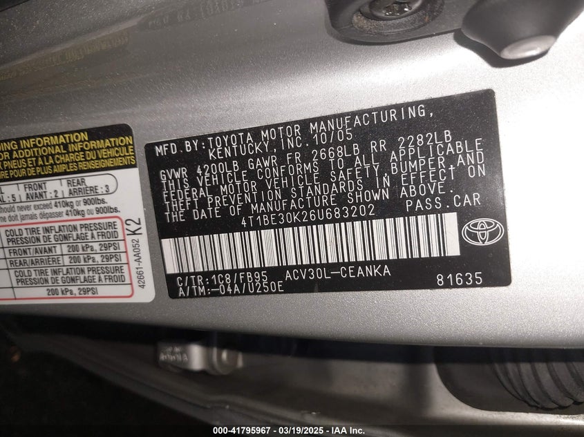2006 TOYOTA CAMRY VIN: 4T1BE30K26U683202