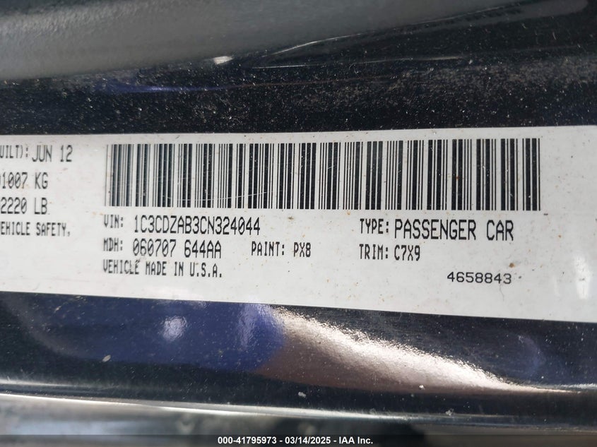 2012 DODGE AVENGER VIN: 1C3CDZAB3CN324044