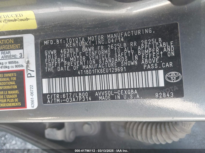 2014 TOYOTA CAMRY VIN: 4T1BD1FK6EU129691