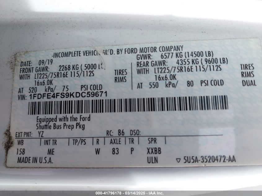 2019 Ford E-450 Cutaway VIN: 1FDFE4FS9KDC59671 Lot: 41796178