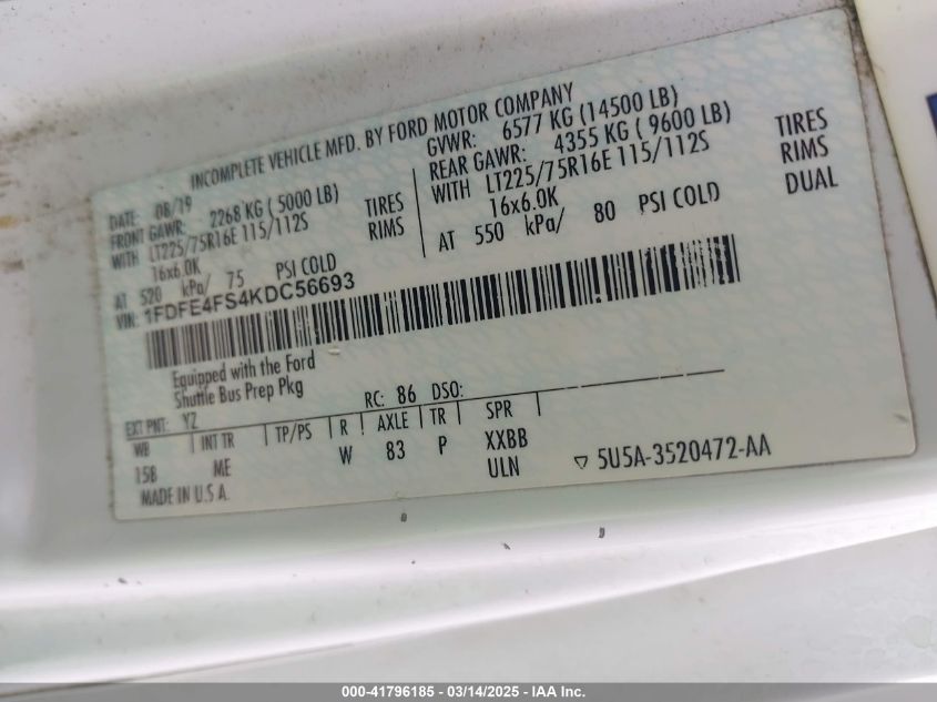 2019 Ford E-450 Cutaway VIN: 1FDFE4FS4KDC56693 Lot: 41796185