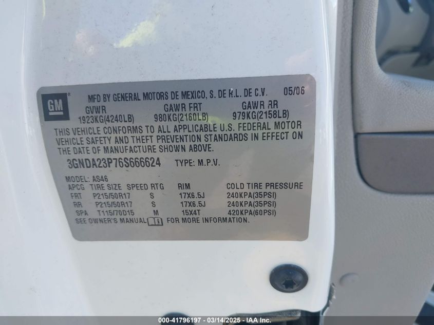 2006 Chevrolet Hhr Lt VIN: 3GNDA23P76S666624 Lot: 41796197