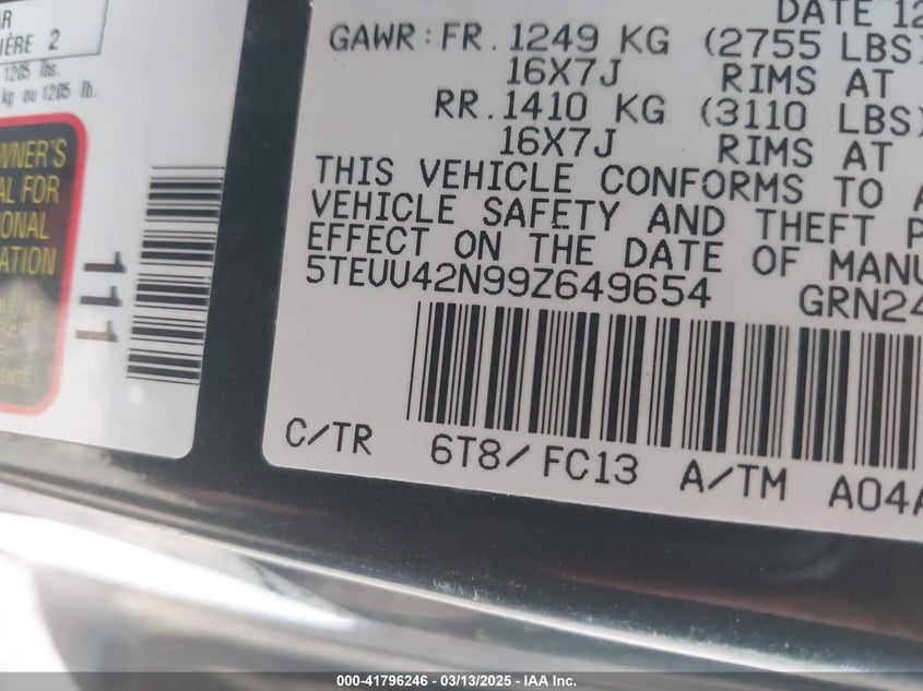 2009 TOYOTA TACOMA VIN: 5TEUU42N99Z649654